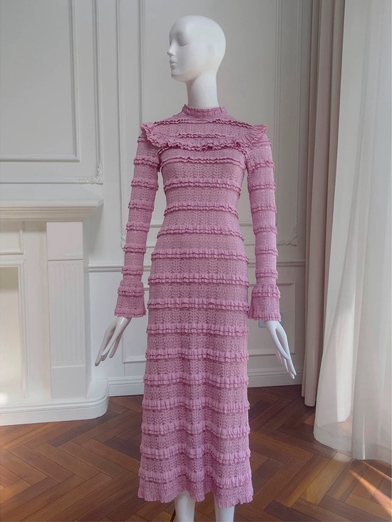 Dresses & Skirts - Pink Ruffled Knit Long Sleeve Midi Dress Victorian French Elegant Gown